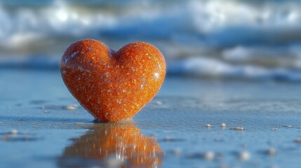 Orange heart on the beach, reflecting in water. Sparkling, ocean waves in background