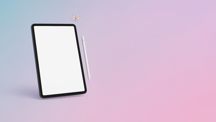 Modern digital tablet with stylus on pastel gradient background. Blank screen for UI/UX, app mockup, branding, design presentations. Soft minimal style, high detail, copy space.
