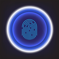 Blue fingerprint icon inside glowing tech circle on dark background, perfect for cybersecurity, biometric, or identity verification themes.