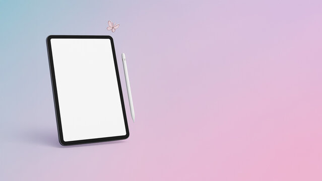Modern digital tablet with stylus on pastel gradient background. Blank screen for UI/UX, app mockup, branding, design presentations. Soft minimal style, high detail, copy space.
