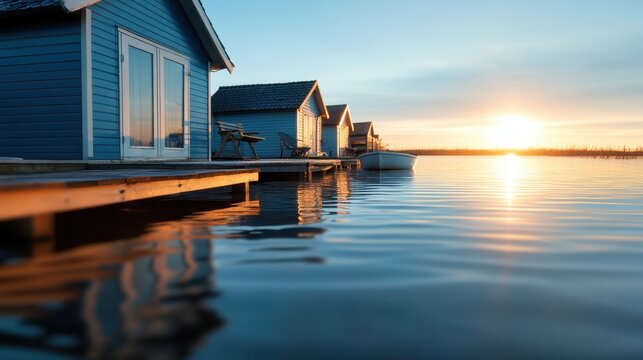 Beautiful lakeside cabins reflect the tranquil sunset, creating a peaceful and serene atmosphere complemented by gentle ripples in the water along the floating dock. - Powered by Adobe