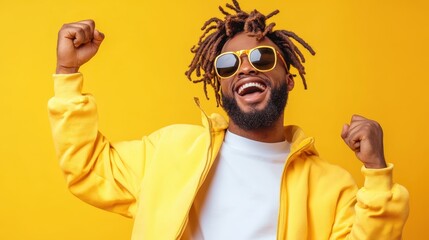 A joyful man wearing stylish sunglasses and a yellow hoodie celebrates happiness against a vibrant yellow background, embodying positivity and fun in life.