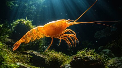 Orange shrimp in underwater habitat, sunbeams