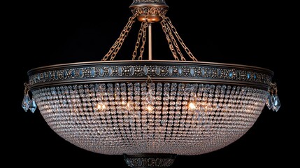 Ornate bowl chandelier with crystal beads and bronze frame