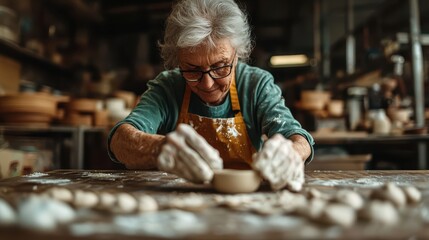 An elderly woman meticulously shapes clay in her workshop, showcasing the beauty of craftsmanship, tradition, and the timeless art of pottery making.