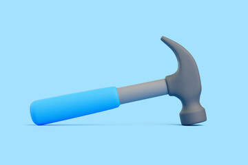 3D Claw Hammer Lying Flat with Blue Handle on Light Blue Background