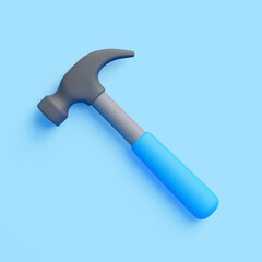 3D Cartoon Hammer with Blue Handle on Blue Background
