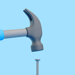 3D Cartoon Hammer with Blue Handle About to Hit Nail
