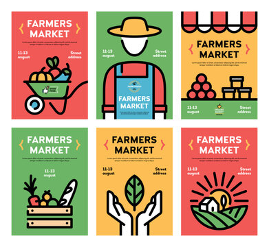 Vector farmers market poster illustration set. Farm event icon backgrounds with place for text. Line fruit and vegetable shop banner templates. Food festival flyers with farmer, organic products