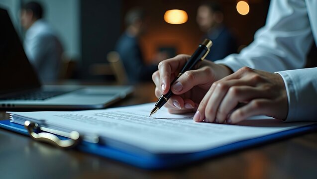 Business professional signing important contract documents at office desk with laptop, symbolizing agreement and productive negotiations