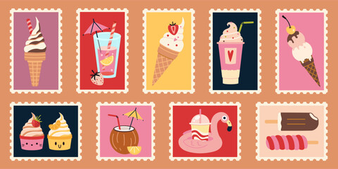 Set of bright summer postage stamps with ice cream, frozen desserts, fruity drinks, milkshakes and tropical cocktails. Trendy modern vector illustration, hand drawn, flat design
