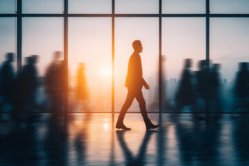 Silhouette Figure Walking in Modern Office at Sunset with Motion Blur, motion blur Business concept, motion bokeh background