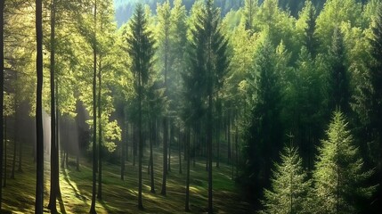 Obraz premium Sun-dappled forest with light rays through vibrant spring foliage