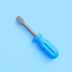 3D Flathead Screwdriver with Blue Handle on Blue Background