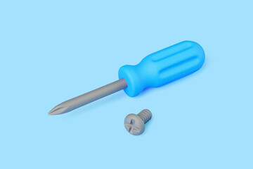 Blue screwdriver and screw on light blue background, minimal tool illustration