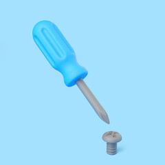 3D blue screwdriver above metal screw on light blue background
