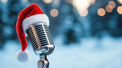 A classic vintage microphone adorned with a festive Santa hat stands out amidst a serene snowy landscape, representing the joy and spirit of holiday music and celebrations.