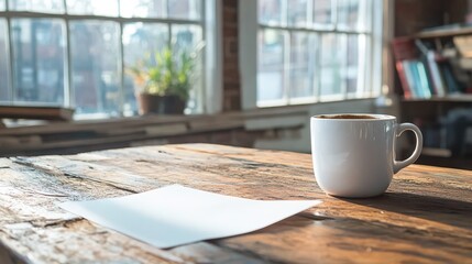 A simple yet inviting composition of a coffee cup beside blank paper on a rustic wooden table creates an atmosphere conducive to creativity and productive reflection.