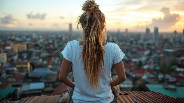 A contemplative image of a woman with long hair sitting atop a rooftop, gazing out over a city skyline as the sun sets, capturing a moment of reflection and awe.