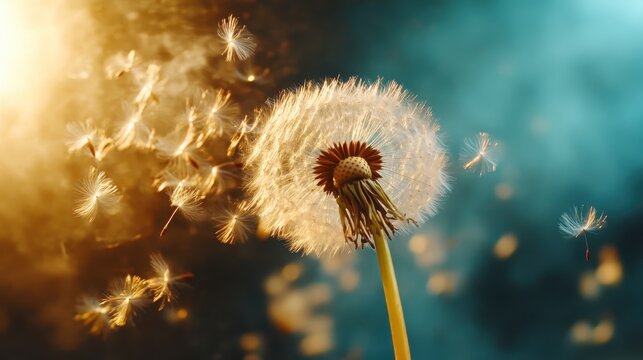 A mesmerizing close-up of a dandelion puff, illuminated in warm hues, with seeds gracefully floating away, symbolizing freedom and new beginnings.