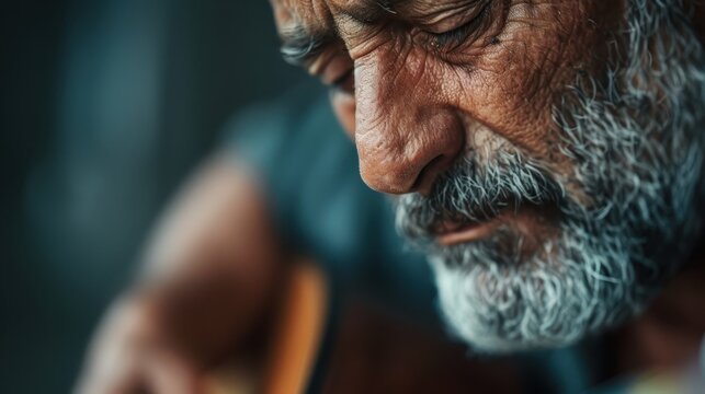 This powerful close-up image captures the soulful expression of an older man playing guitar, revealing the deep connection between music and emotional resonance in life.