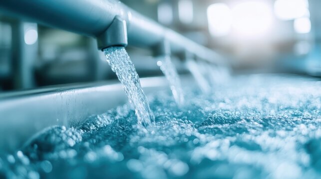 A close-up shot of crystal clear water flowing through an industrial pipe, highlighting the essential role of water in our lives and its importance in various industrial and natural settings.