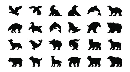 Fototapeta premium Silhouette collection showcases various animals, including marine life, birds, and mammals in a stark black and white design.