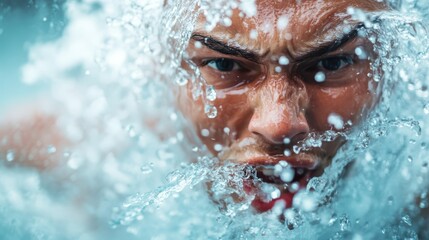 An intense underwater moment captures the raw emotion as water splashes around a swimmer's face, highlighting the struggle and beauty of underwater experiences vividly.