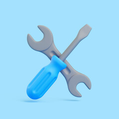 3D Cartoon Wrench and Screwdriver Crossed on Blue Background