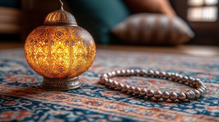 Ornate lantern and beaded necklace on patterned rug