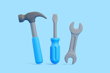 3D Cartoon Hammer, Screwdriver, and Wrench on Blue Background