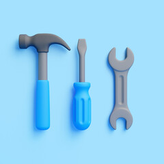 Top View of 3D Cartoon Tools: Hammer, Screwdriver, Wrench