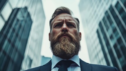 A determined businessman stands confidently amid towering skyscrapers, embodying professionalism and ambition in a modern urban environment with a focused demeanor.