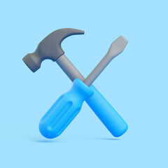 3D Hammer and Screwdriver Crossed on Blue Background