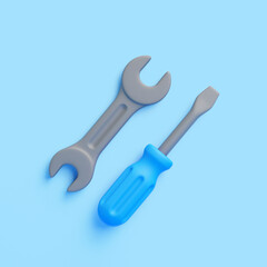 Gray wrench and blue-handled screwdriver lying side by side on a blue background