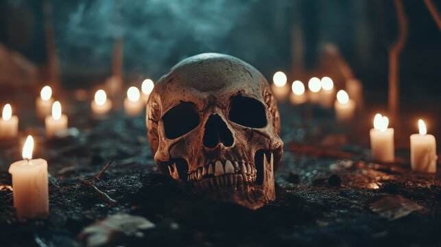 A haunting skull rests amidst flickering candles shrouded in mist, emphasizing the eerie atmosphere of death and mystery, perfect for Halloween-themed or gothic imagery.