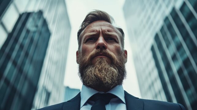 A determined businessman stands confidently amid towering skyscrapers, embodying professionalism and ambition in a modern urban environment with a focused demeanor.