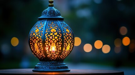 Ornate lantern, warm light, tranquil scene