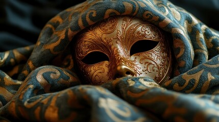 Ornate gold mask nestled in teal patterned fabric