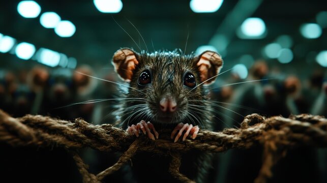 A close-up of a curious rat peering inquisitively, capturing its sparkling eyes and unique features against a softly blurred backdrop filled with other rats, creating intrigue.