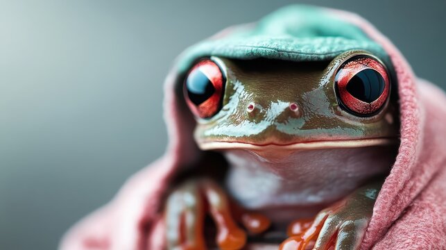A charming frog dressed in a pastel hoodie, staring directly at the viewer with wide eyes, blending playfulness and uniqueness with a touch of whimsy and humor in its expression.