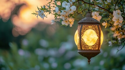 Ornate lantern illuminated, hanging amidst blossoms at sunset