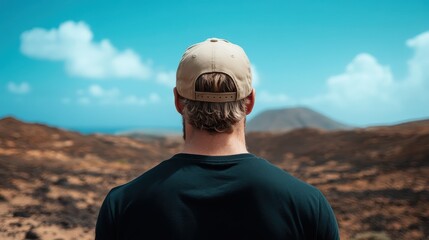 A man stands in a tranquil landscape, contemplating nature's beauty, with a stunning mountain range and clear blue skies in the background, evoking peace and solitude.