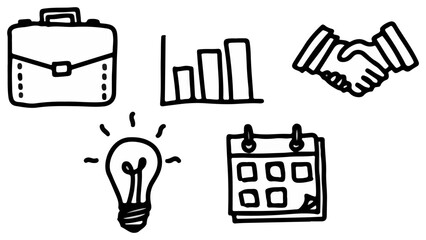 Doodlestyle image of a briefcase bar graph handshake lightbulb and calendar