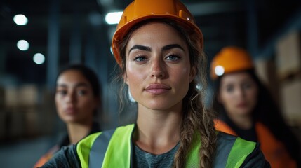 A confident young woman stands with a serious expression in a warehouse, wearing safety gear, showcasing empowerment and dedication in a professional environment.