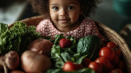 A joyful girl with curly hair smiles brightly while surrounded by a bountiful basket filled with fresh vegetables and fruits, showcasing nature's vibrant colors.