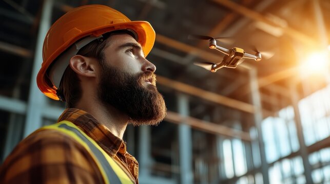 A construction worker in a hard hat watches a drone flying overhead, illustrating the integration of technology in modern construction practices and safety enhancements.
