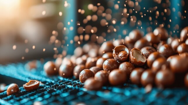 A tantalizing display of chocolate malt balls scattered on a surface, with an artistic sprinkle of ingredients creating an appetizing visual appeal that ignites the senses.