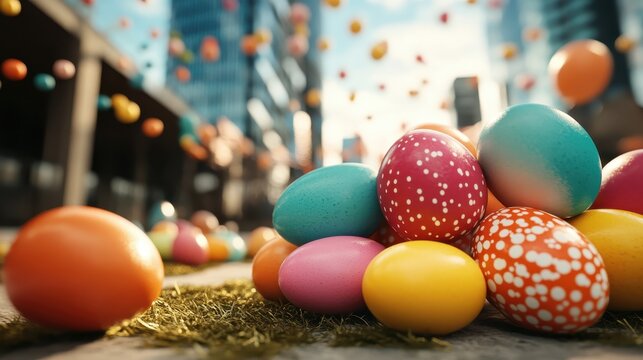 A lively collection of colorful Easter eggs scattered on grass with a soft-focus background, creating a playful atmosphere perfect for celebrating the spring holiday.