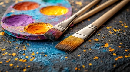 Paintbrushes rest on a colorful palette and textured surface, splattered with paint